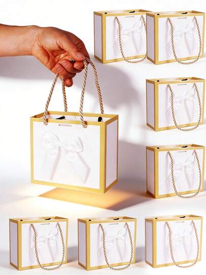10pcs/1pc/Small Thank-You Gift Bag With Bow And Handle, Measuring 14X12X6CM. Suitable For Jewelry, Baby Showers, Bridal Showers, Wedding Season/Mother's Day And Christmas Holiday Gifts.