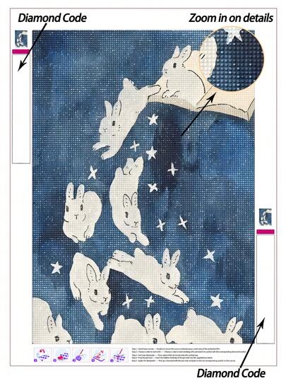 |5D DIY钻石画|星空下翻开书本的梦幻白兔DIY钻石画套装，可爱的白兔角色从米色打开的书本中跃然而出，深蓝色星空背景，营造出梦幻般的奇幻美感。手工装饰画，5D DIY刺绣马赛克艺术，打造属于你自己的DIY墙面艺术，享受动手乐趣，送给朋友的最佳礼物