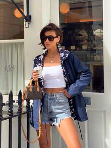 Chaqueta con capucha de doble cara para mujer de Giolshon en color crema - Diseño reversible estampado, casual y de moda, adecuada para capas diarias, otoño/invierno - Azul Marino - Ver 3