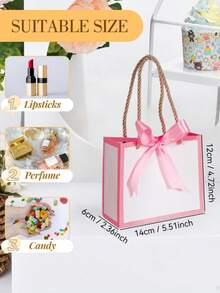 Set de 10 bolsas de regalo pequeñas con asas, bolsas mini blancas, tamaño 14x6.5x12 cm, bolsas de regalo pequeñas al por mayor con cintas, adecuadas para recuerdos de fiestas, Día de la Madre, recuerdos, bodas, baby showers (blanco y rosa) - Bordes rosas + cinta de abanico - Ver 3