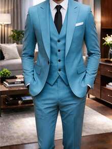 Men's Slim Fit White 3pcs Suit Notch Lapel Formal Suit Set Blazer Vest Pants For Wedding Guest Graduation Party - Hồ Xanh - Xem 5