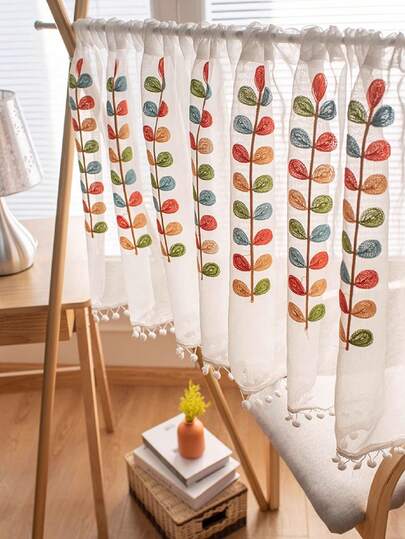 1pc No-Drill Kids Room New Colorful 3D Leaf Embroidery Window Sheer Curtain, High-End Coffee Curtain, Japanese Style Versatile Linen Embroidered Voile Curtain