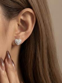 1 Pair 925 Sterling Silver Heart-Shaped Earrings Inlaid With Full Zirconia, Fashionable & Exquisite, Suitable For Daily Wear And Dates - Earrings - View 4