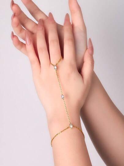 1件装时尚金色水钻指节链手指手链，女士款