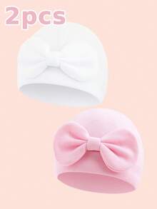 2pcs Baby Summer Lightweight Bow Decor Beanie Hats, Cute & Playful, Comfortable Breathable & Convenient For Hospital, Nursery, Outings, Suitable For 0-3 Months Infants, Multi-Color Options - Multicolor - View 1
