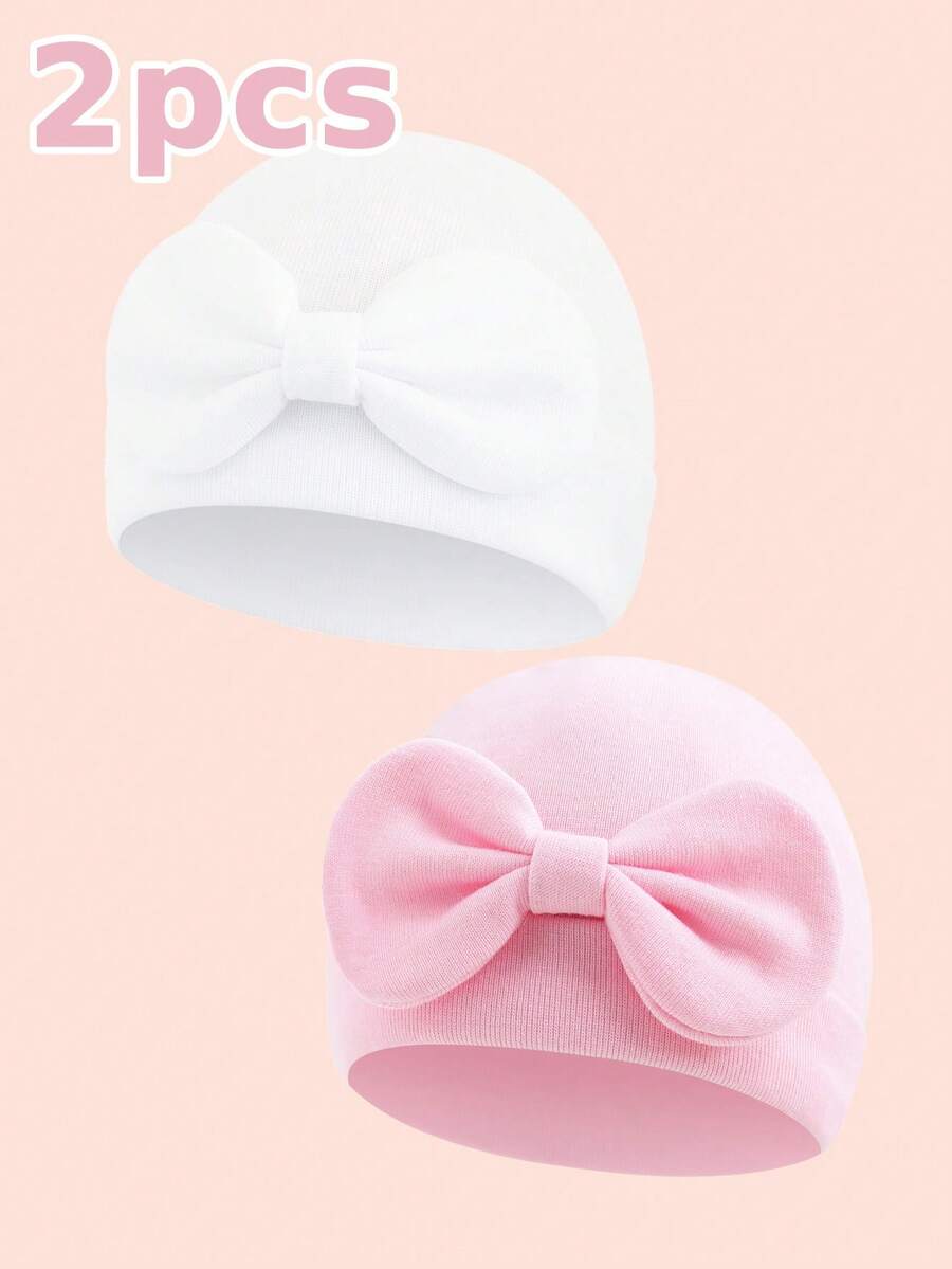 2pcs Baby Summer Lightweight Bow Decor Beanie Hats, Cute & Playful, Comfortable Breathable & Convenient For Hospital, Nursery, Outings, Suitable For 0-3 Months Infants, Multi-Color Options - Multicolor - View 1
