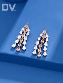 DV JEWELRY 1 Pair Luxury Cubic Zirconia & Champagne Zirconia Platinum Plated Pendant Earrings, Elegant Jewelry Gift For Women, Wedding, Anniversary, Comes In Gift Box - Silver - View 2