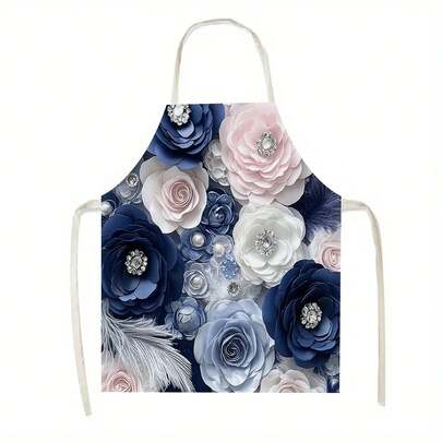1件{精美花卉图案装饰}围裙，适用于厨房、客厅、餐厅、酒店、户外烧烤等多种场合，100%涤纶材质，可机洗，大号