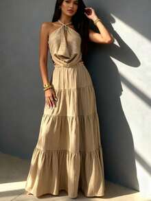 女士夏季沙滩度假连体系带露脐上衣和多层长裙两件套 - 卡其色 - 查看 1