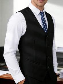 Men's Slim Fit Black Front Closure Suspender Vest, Formal Business Wedding, Spring/Autumn - Black - View 5