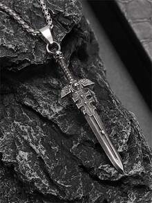 1pc Skeleton Knight Cross Sword Pendant Necklace, Retro Gothic Style, Unisex, Punk And Cool Accessories, Versatile For Daily Use - Fashion - View 2
