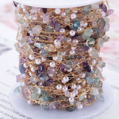 1米不对称彩色石珠铜链，仿珍珠链，适合DIY手链、项链、首饰制作