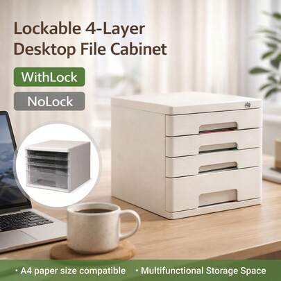 Aimall Four Layer A4 File Cabinet Storage Cabinet, Office Plastic Drawer Style Lockable Multi-Layer Household File Cabinet, Silent