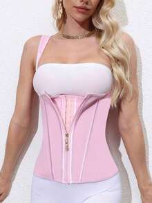 1pc Button Front Zipper Closure Slimming Corset Belt Women, Waist Trainer - 粉色 - 查看 4