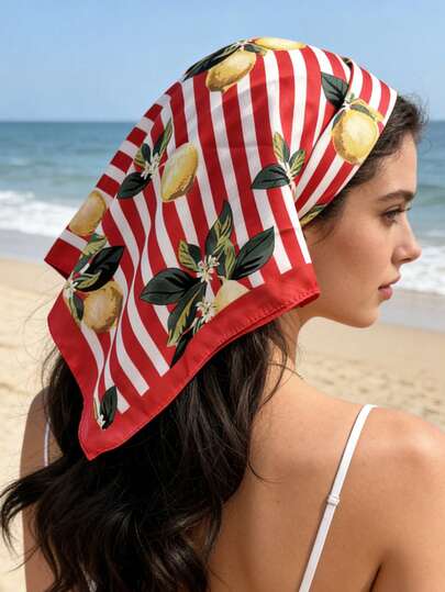 1pc Spring/Summer Versatile Scarf, Boho Fresh Lemon Print Striped Neckerchief