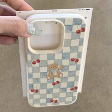 1个TPU材质蓝色格子泰迪熊樱桃图案全屏手机壳，适用于 17 Pro Max/17/16 Pro Max/15/13/12/11、S20 FE/A15/S24/A55、Note 11/Note 12/Note 13 Pro，防震软壳保护套 - 白色 - 查看 3