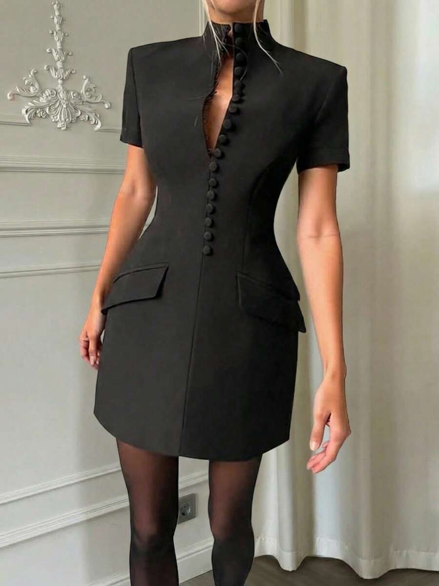 Vestido blazer elegante, casual de negócios, com cintura marcada, adequado para uso diário, escritório e deslocamentos. Preto, ideal para o verão. - Preto - Ver 1