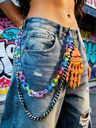 1pc Dopamine Inspired Double-Layer Pant Chain, Rainbow Acrylic Chain + Black & White Braided Chain, Holographic Skeleton Hand Pendant, Street Style Decorative Chain For Wallet, Pocket, Belt, Emotional Accessory, Y2K Pant Chain, Double-Layer Waist Chain, Rainbow Acrylic Chain, Black & White Braided Chain, Holographic Skeleton Hand Pendant, Iridescent Holographic Charm, Hip Hop Streetwear, Punk Accessory, Music Festival Outfit, Accessory, Avant-Garde Jewelry, Bag Charm, Multi-Color Chain Links, High Street Fashion, Birthday Gift