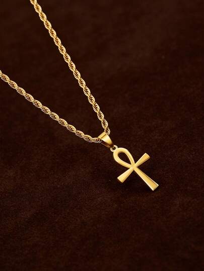 1pc Men's Fashionable Life Cross Necklace, Gold Stainless Steel Accessory Suitable For Dates, Parties, Casual Wear, Holiday Gift, Boyfriend/Brother Birthday Present
