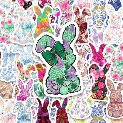 50 ملصق أرنب مزهر، ملصقات أرانب ذات نمط زهري متألق مع تفاصيل فيونكة، ملصقات لاصقة مقاومة للماء للزجاجات والأجهزة المحمولة والمجلات والألبومات والأغلفة الهدايا وديكورات الحفلات ومشاريع الحرف اليدوية، مناسبة للمراهقين والبالغين وهواة الحرف اليدوية والمهتمين بالديكورات الطبيعية الخيالية لتخصيص المنتجات اليومية