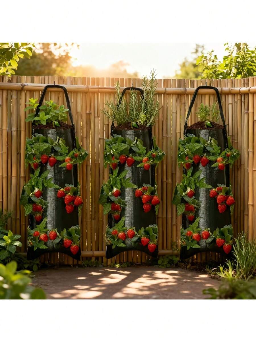 2个装悬挂式草莓种植袋，壁挂式种植袋，多孔悬挂式草莓种植袋，适用于阳台和庭院，透气透水，经久耐用，可重复使用 - 彩色 - 查看 1