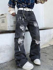 男士喇叭牛仔裤 - 喇叭形弹力牛仔裤，休闲舒适做旧弹力牛仔裤，哥特风拉链裤脚牛仔裤，Y2K灰色修身弹力时尚牛仔裤 - 灰色 - 查看 4