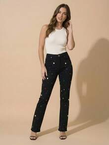 pthirillo Women's Black Flare Jeans With High-Waisted Butt-Lifting Effect And Rhinestone Detail. - 彩色水鑽和水鑽混合物 - 查看 10