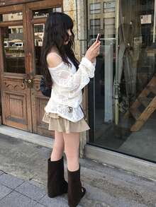 Hollow Out Loose Casual Versatile Knit Sweater (With Belt) - White - View 6