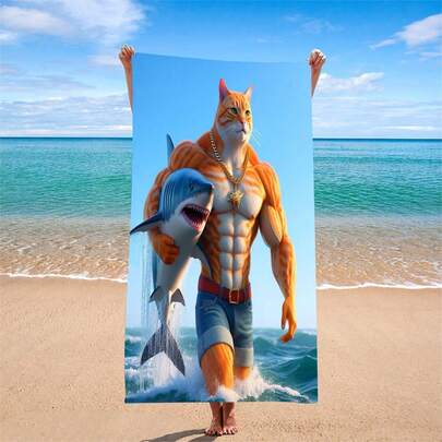 1条高吸水性超细纤维沙滩巾 - 卡通图案设计，柔软速干针织面料，轻便防沙，是露营和户外活动的理想之选，夏季海滩必备（1条，250克/平方米）