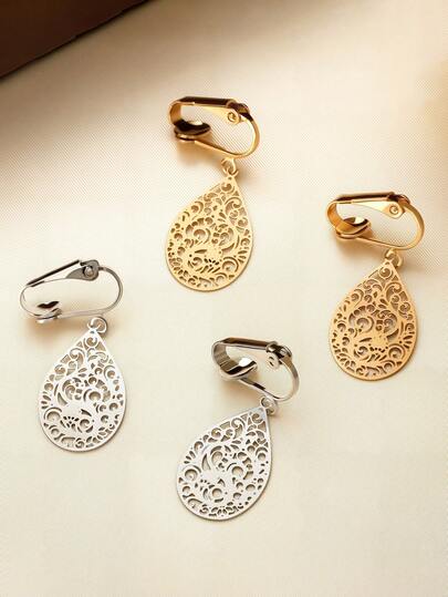 1 par de pendientes de clip con forma de gota de agua hueca y geométrica, sin necesidad de perforación