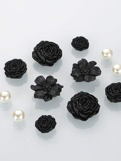 8/12pcs Rose & Ditsy Floral Bohemian Casual Lolita Y2K ABS Plastic Rose Shoes DIY Decor, Suitable For Beach, Home, Outdoor Daily Wear, Black/Pink/Beige