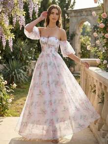 Elegant Off-Shoulder Floral Bridesmaid Dress, Petal Sleeves, Long Party Dress, Open Back Zipper, Woven Fabric Maxi Dress - White - View 4