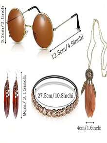 4-Piece Retro 1960s Hippie Set: Handmade Beaded Headband, Brown Glasses, Tassel Feather Earrings & Feather Necklace - Multicolor - View 4