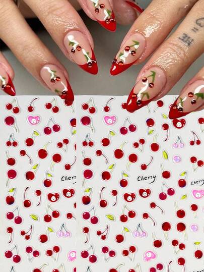 2 ark 5D röda körsbärsnagelklistermärken fruktnageldekaler 5D präglade självhäftande nageldekaler sommar röda körsbär nageldesign nagelkonsttillbehör sommar höst körsbärsnageldekorationer för kvinnor gör-det-själv manikyr