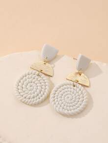 1 Pair Handmade Woven White Soft Ceramic & Semi-Circle Metal Slice Geometric Earrings, Unique , Suitable For Outing, Party, Vacation, Afternoon Tea, And As Gift - White - View 6