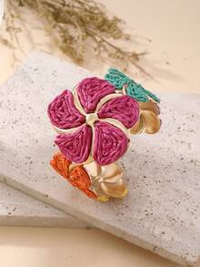 1pc Handmade Exaggerated Floral Paper Yarn Woven Bracelet, Versatile Boho Style Adjustable Cuff Suitable For Vacation, Party, Market, Afternoon Tea And Daily Wear - Multicolor - View 2