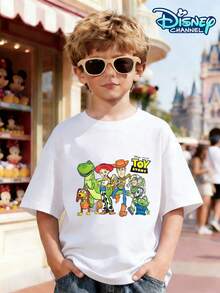 Disney Toy Story Characters Print Crew Neck T-Shirt For Boys Aged 4-12, Summer, 100% Cotton Short-Sleeve. The Front Features A Group Of Interactive Characters Including Slinky Dog, Rex, Jessie, Woody, Buzz Lightyear, And The Alien, Each In A Lively Running Or Waving Pose. It's Adorned With The Classic "TOY STORY" Logo And The Official "Disney・PIXAR" Branding, Making It Both Cute And Dynamic. Can Be Paired With Athletic Shorts, Wide-Leg Jeans, Or Cargo Shorts. Suitable For Everyday Wear, School, Outdoor Picnics, Birthday Parties, And Family Gatherings. Skin-Friendly And Comfortable. Classic Disney IP Pattern Top. Suitable For Boys Aged 4-12. - White - View 2