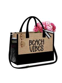 Bộ túi xách đi biển dành cho nữ với họa tiết chữ "Beach Vibes", túi xách dung tích lớn kèm kính râm thời trang màu đen, 1 mũ đi biển và 2 túi đựng mỹ phẩm. Túi mua sắm nhẹ, có thể tái sử dụng, ví đựng tiền xu mini, túi đựng đồ đa năng phù hợp cho những chuyến đi cuối tuần, đi làm, sử dụng hàng ngày và các kỳ nghỉ biển mùa xuân/hè. - Nhiều màu - Xem 17