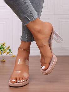 Transparent Strap Sandals, Sexy Crystal Chunky Heel High Heels Slides For Summer - Apricot - View 1