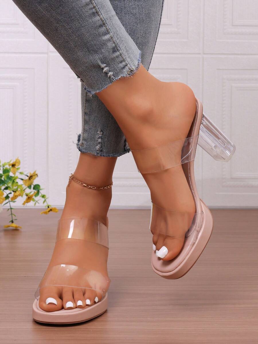 Transparent Strap Sandals, Sexy Crystal Chunky Heel High Heels Slides For Summer - Apricot - View 1