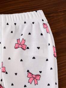 2pcs Baby Girls Cute Bow Heart Print Sleeveless Top + Matching Print Flare Pants Set, Summer - White - View 5