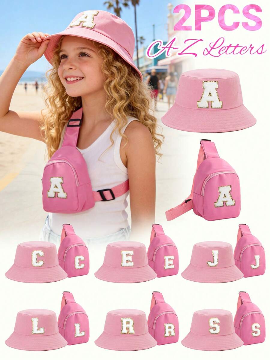 2pcs/Set Kids 26 Letters Bucket Hat And Bag Set, Suitable For Boys And Girls Casual Outings In Spring & Autumn - Pink - View 1
