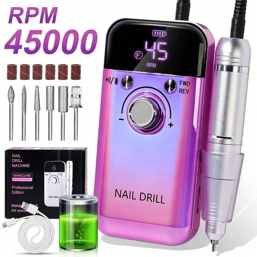 45000RPM Electric Nail Drill Machine Professional Nail Drills For Gel Nails Polish Rechargeable Portable Nail File Manicure Tool - Purple - View 1