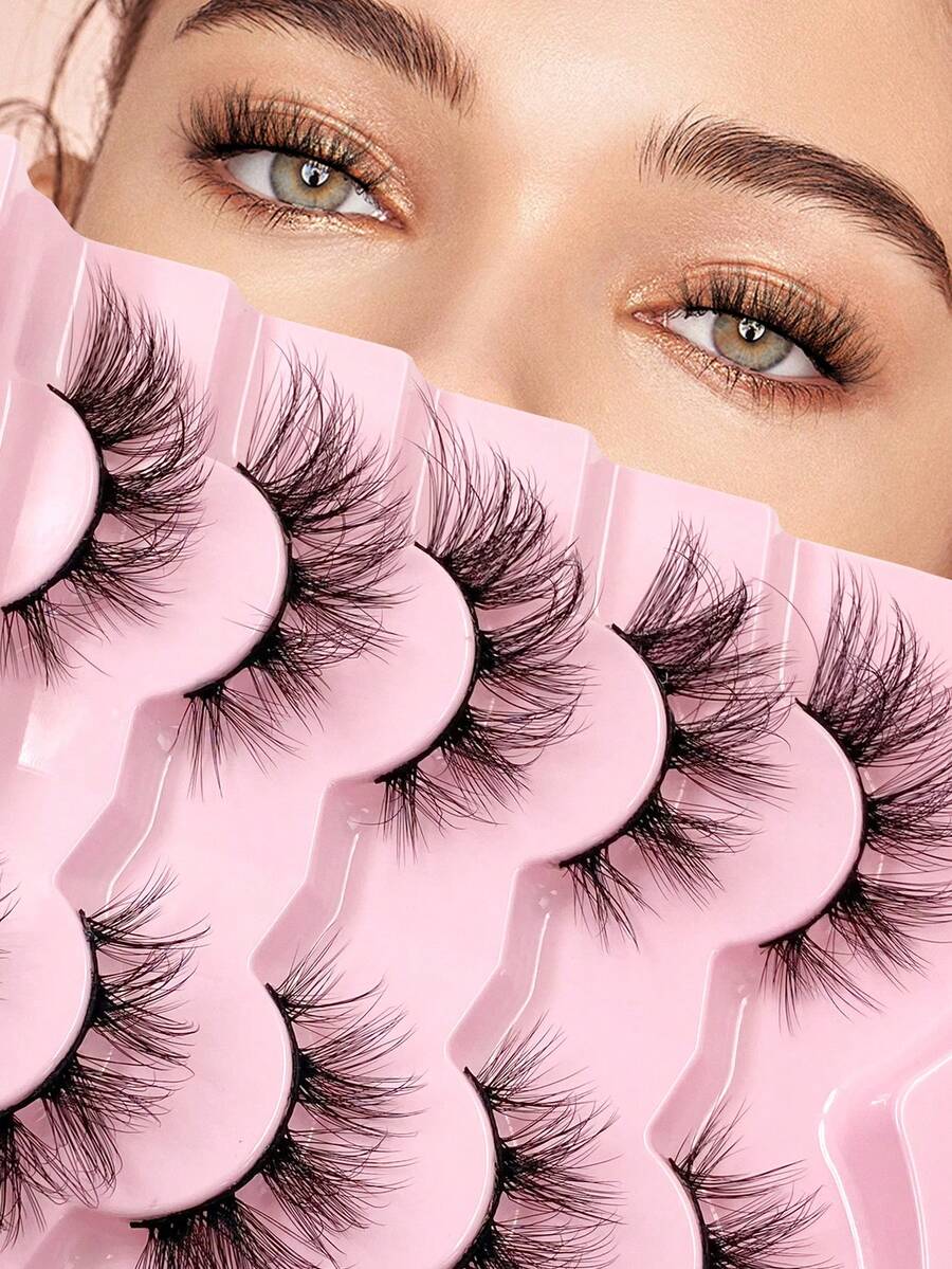 ENCHUW 5对装 3D 假睫毛 自然睫毛 短款假睫毛 可重复使用 柔软轻盈 蓬松睫毛 - 黑色 - 查看 1