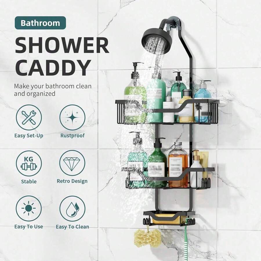 Shower Caddy Hanging, 3 Tier Rustproof Shower Organizer, Shower Rack With Baskets/Soap Basket, Hooks For Razor/Sponge, No Drilling Bathroom Organizer Over Showerhead - Black - Black - View 1