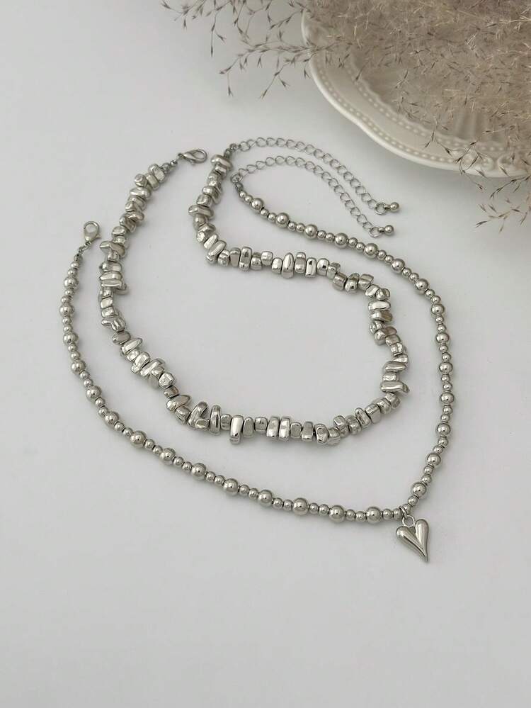 2 peças/Conjunto Colar Pingente de Coração Assimétrico Estilo Boêmio com Pérolas Falsas, Joia Charmosa de Luxo, Presente para Mulheres, Casais, Uso Casual, Festa, Feriado - colar - Visão 10