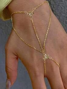 1pc Elegant Leaf Rhinestone Chain Linked Metal Gold Color Finger Ring Bracelet, Versatile For Daily, Party, Holiday Outfit Accessories For Women - Gold - View 3