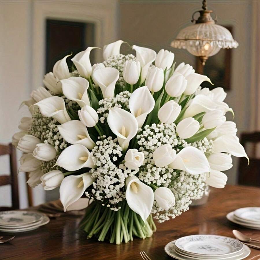 30支仿真满天星、马蹄莲和郁金香花束，适用于卧室、客厅、派对、情人节、父亲节、毕业典礼、母亲节礼物、复活节装饰及礼物、情侣装饰、仿真花、妈妈礼物、闺蜜礼物、生日礼物、新娘捧花、女士礼物、假花、假植物