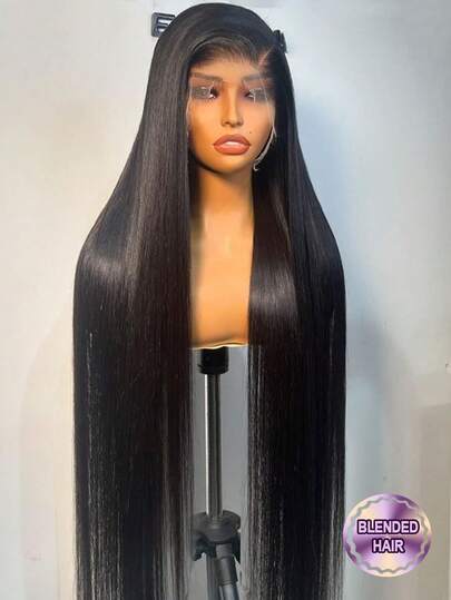 200% Super High Density 13x4 HD Bone Straight Lace Front Wig, 28/30/32 Inch, Natural Swiss Lace Front Pre-Plucked Transparent Lace, Fashion #Black 1B# Mixed Human Hair Blend Wig With Baby Hair, Heat Resistant Fiber For Women