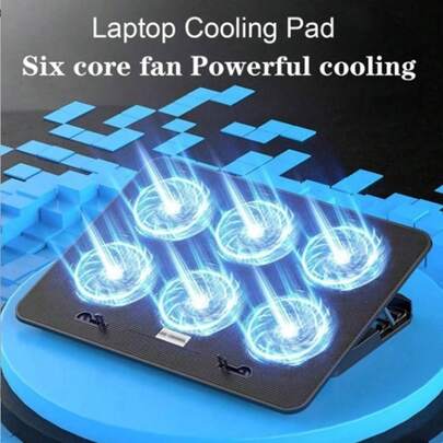 笔记本电脑散热垫，带6个静音风扇，适用于13-18英寸笔记本电脑，游戏风扇，稳定支架，8档高度和风速可调，2个USB接口和手机支架